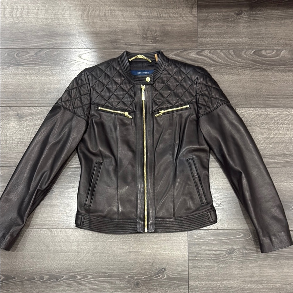 Cole Haan Black and Gold Leather Motorcycle Jacket size S